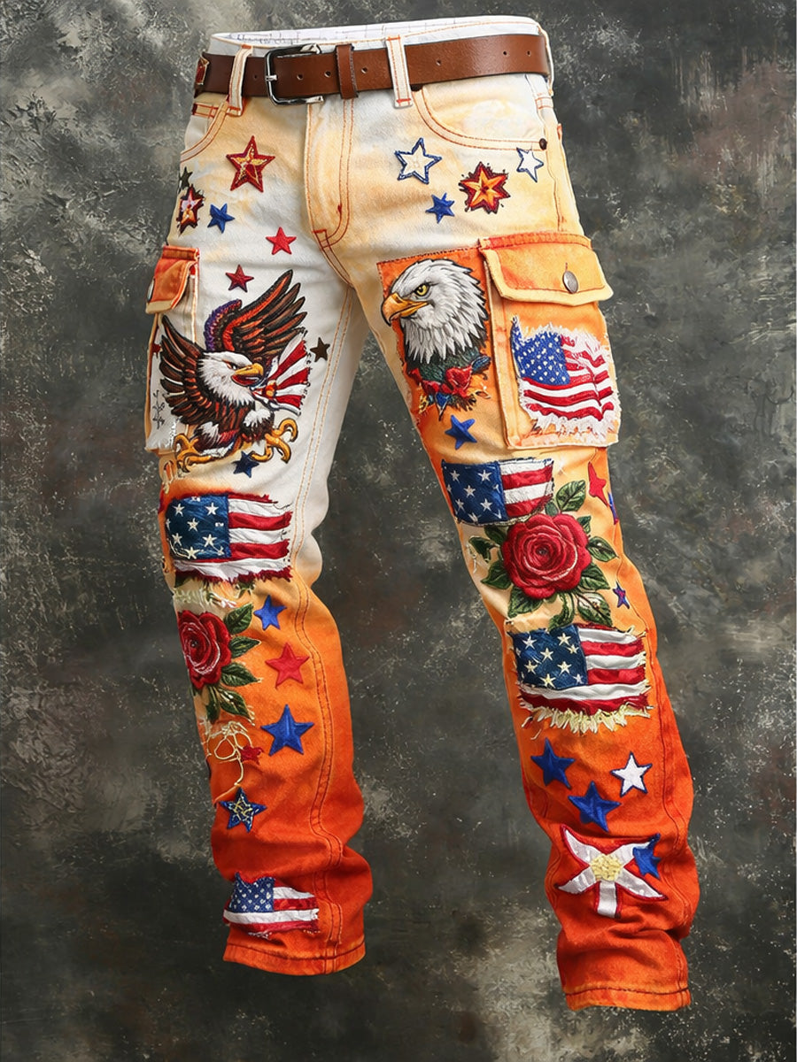 Men's Retro USA Flag Print Casual Workwear Trousers
